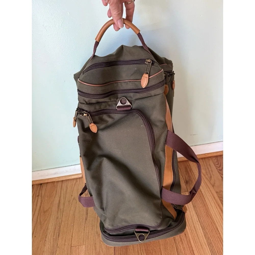 VTG LL Bean Rolling Duffel Bag Canvas Green Leather Trim‎ Embroidered Carryon